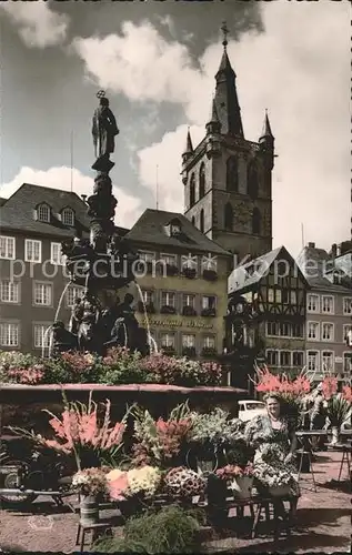 Trier Petrusbrunnen mit St. Gangolph Blumenfrau Kat. Trier