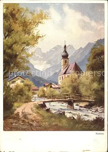 Ramsau Berchtesgaden Dorfpartie mit Kirche und Bruecke Kat. Ramsau b.Berchtesgaden