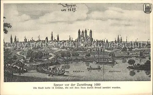 Speyer Rhein v.d. Zersoerung Kloster Dom Segelboote Kat. Speyer