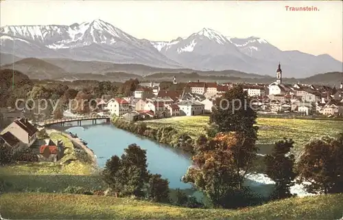 Traunstein Oberbayern Ortsansicht Bruecke Alpen Kat. Traunstein