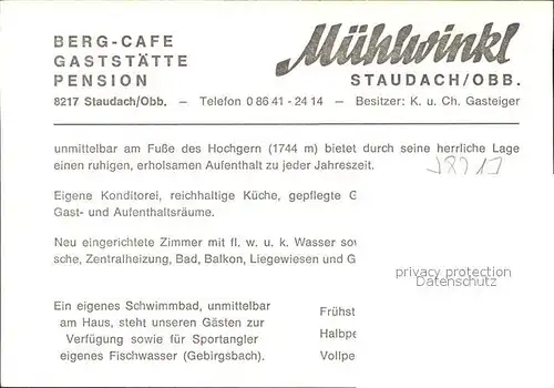 Staudach Oberbayern Berg-Cafe Muehlwinkl  / Staudach-Egerndach /Traunstein LKR