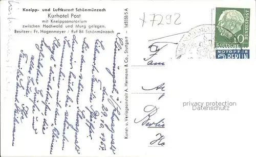 Schoenmuenzach Kurhotel Post  Kat. Baiersbronn