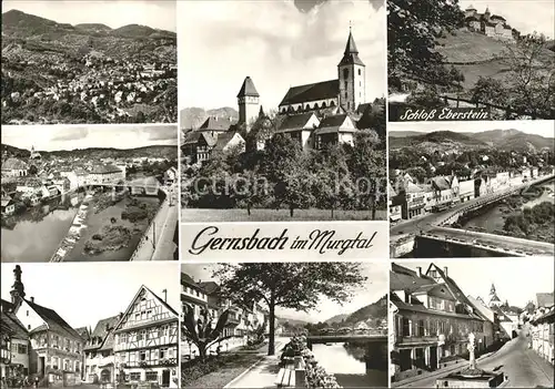 Gernsbach Panorama Kirche Schloss Eberstein Schwimmbad Murgpartie Strassenpartien Kat. Gernsbach