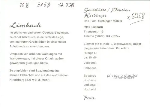 Limbach Baden Restaurant Pension Herbinger / Limbach /Neckar-Odenwald-Kreis LKR