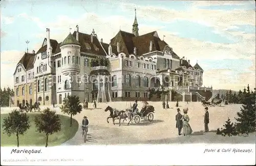 Marienbad Tschechien Boehmen Hotel und Cafe Ruebezahl Pferdekutsche Kat. Marianske Lazne