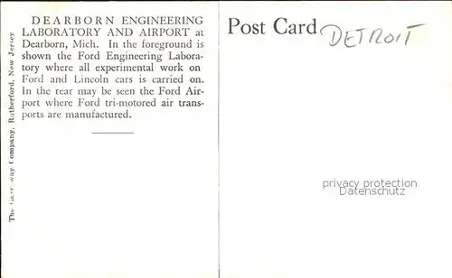 Detroit Michigan Fliegeraufnahme Ford Motor Company Airport Laboratory Kat. Detroit