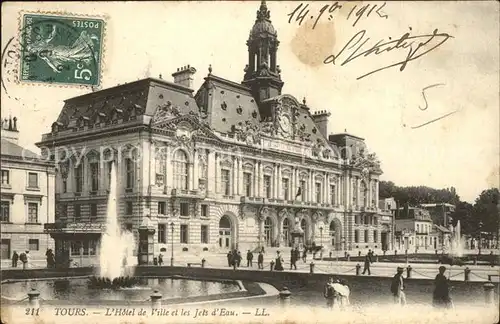 Tours Indre et Loire Hotel de Ville et Jets d Eau Stempel auf AK Kat. Tours