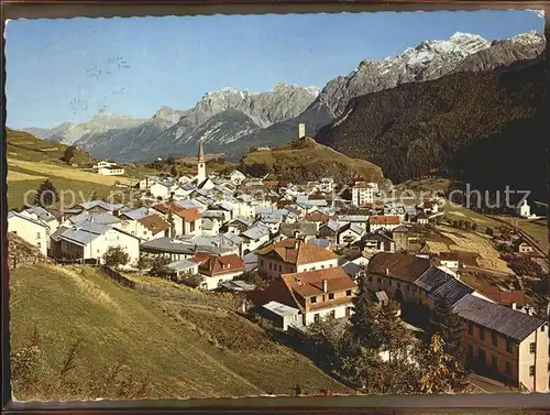 Ardez Gesamtansicht gegen Piz Lischana und Pisoc Gruppe Alpenpanorama Kat. Ardez