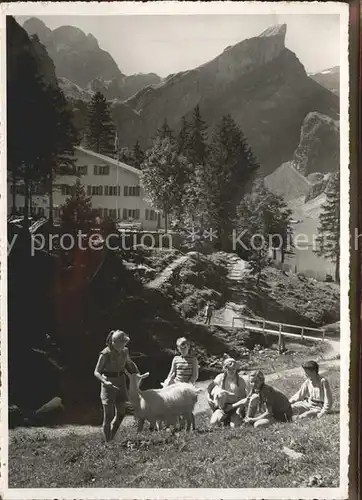 Seealpsee Berggasthof mit Rossmad und Altmann Appenzeller Alpen Kinder Ziegen Kat. Schwende