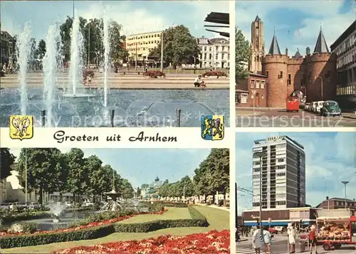 Arnhem Springbrunnen Park Torbogen Hochhaus Wappen Kat. Arnhem