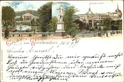 Wiesbaden Kaiser Wilhelm Denkmal Kochbrunnen Kurhaus Litho Kat. Wiesbaden