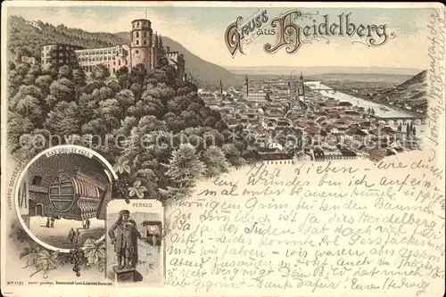 Heidelberg Neckar Das grosse Fass Perkeo Schloss Litho Kat. Heidelberg