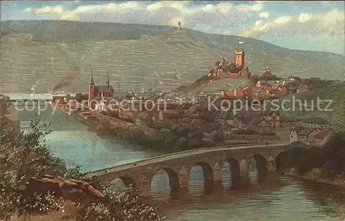 Bingen Rhein Burg Klopp und Drususbruecke Weinberge Kuenstlerkarte Kat. Bingen am Rhein
