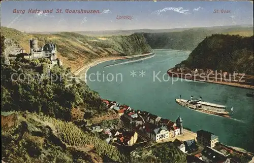 St Goarshausen Panorama mit Burg Katz St. Goar Rhein Dampfer Loreley Kat. Sankt Goarshausen