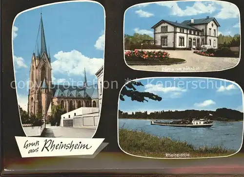 Rheinsheim Kirche Bahnhof Rheinpartie Frachtkahn Kat. Philippsburg