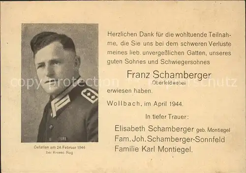 Wollbach Kandern Trauerkarte Franz Schamberger Kat. Kandern
