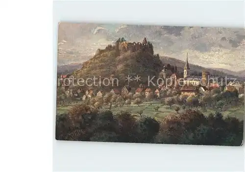 Lindenfels Odenwald Ortsansicht mit Kirche und Burg Kuenstlerkarte No. 2532 Kat. Lindenfels