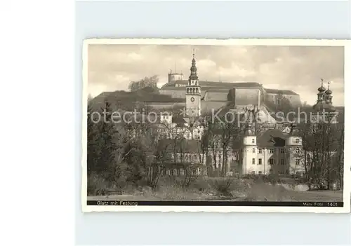 Glatz Niederschlesien Ortsansicht mit Kirche und Festung Kat. Klodzko