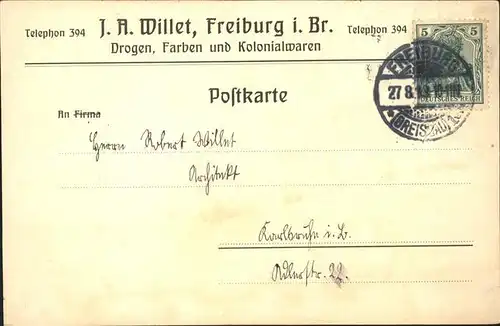 Freiburg Breisgau J.A. Willet Drogen Farben Kolonialwaren Kat. Freiburg im Breisgau