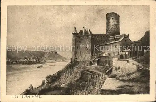 St Goarshausen Burg Katz Rhein Kupferdruck Kat. Sankt Goarshausen