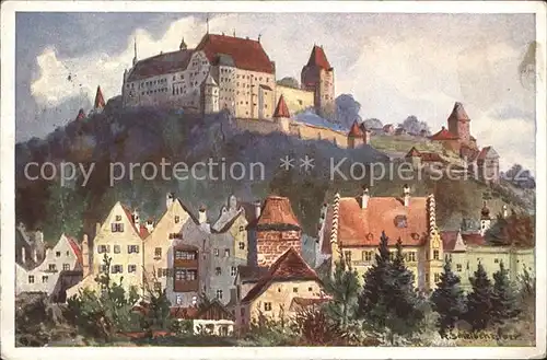 Landshut Isar Blick auf Burg Trausnitz Kuenstlerkarte Kat. Landshut