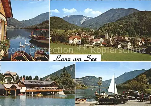 Lunz See Niederoesterreich Gesamtansicht mit Alpenpanorama Schwan Bootshaus Steg Kat. Lunz am See