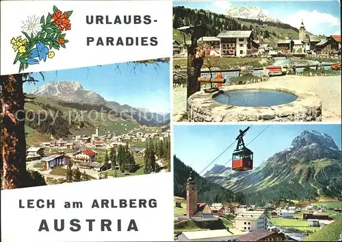 Lech Vorarlberg Gesamtansicht mit Alpenpanorama Brunnen Bergbahn Blumen Kat. Lech