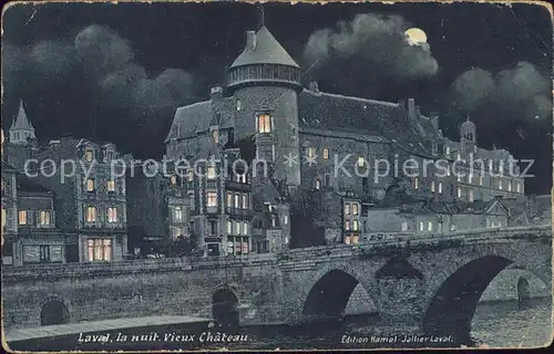 Laval Mayenne Vieux Chateau la nuit clair de lune Kat. Laval