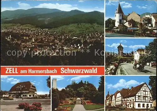 Zell Harmersbach Total mit Hirschtuermle Storchenturm Hauptstr Kurpark und Gasthof Sonne Kat. Zell am Harmersbach