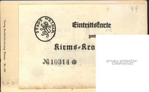 Weimar Thueringen Kirms Krakowhof Eintrittskarte / Weimar /Weimar Stadtkreis