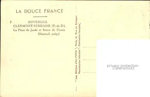 Clermont Ferrand Puy de Dome Place de Jaude Statue de Desaix Collection La Douce France Kat. Clermont Ferrand
