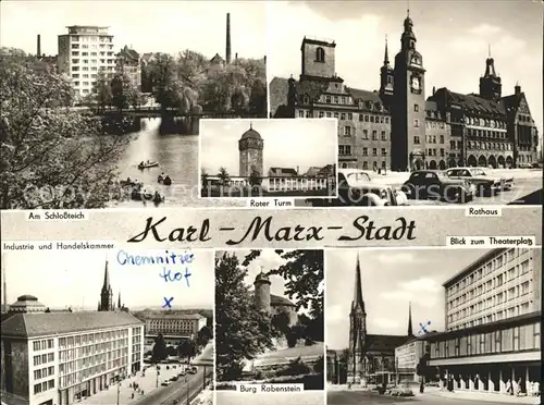 Karl Marx Stadt Schlossteich Roter Turm Rathaus Theaterplatz Burg Rabenstein Industrie und Handelskammer Kat. Chemnitz