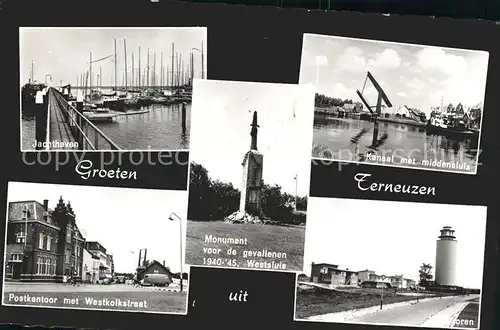 Terneuzen Jachthaven Kanaal Middensluis Toren Postkantoor met Westkolkstraat Monument voor de gevallenen Kat. Terneuzen