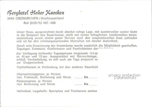Oberkirchen Sauerland Berghotel Hoher Knochen  Kat. Schmallenberg