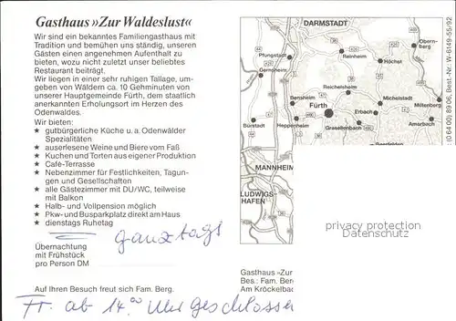 Kroeckelbach Odenwald Gasthaus Pension Zur Waldeslust Gastraeume Kat. Fuerth