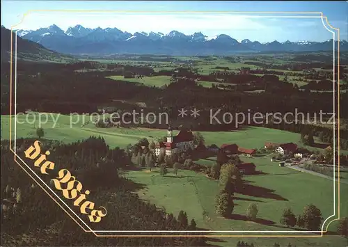 Wies Allgaeu Wallfahrtskirche zum gegeisselten Heiland Fliegeraufnahme mit Tiroler und Allgaeuer Alpen Fliegeraufnahme Kat. Sulzberg