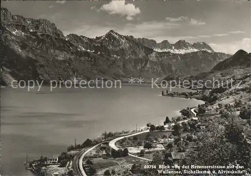 Walensee von der Kerenzerstrasse mit Sichelkamm und Alvierkette Kat. Walenstadt