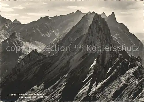 Gonten Blick vom Schaefer auf Altenalptuerem und Saentis Berghotel Kat. Gonten