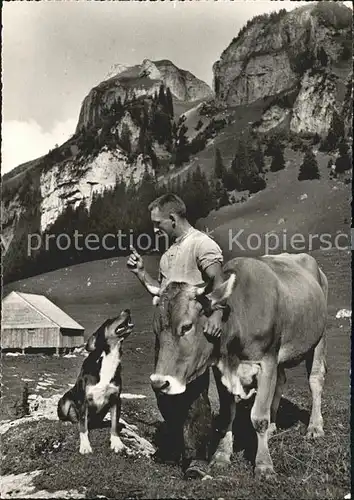 Appenzell IR Bauer Kuh und Hund auf der Alm Kat. Appenzell