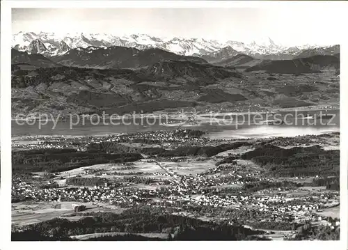 Hinwil Kurhaus Hasenstrick am Bachtel Panorama Blick gegen Rueti Urner und Berner Alpen Kat. Hinwil