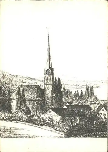 Horgen ZH Kirche Zeichnung Kuenstlerkarte Reinhold Kuendig / Horgen /Bz. Horgen