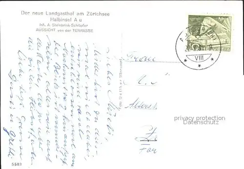 Au ZH Blick ueber Zuerichsee vom Landgasthof Halbinsel Au Alpenpanorama / Au ZH /Bz. Horgen