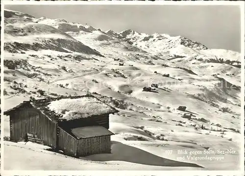 Obersaxen GR Blick gegen Stein Sez Ner und Valgrondagruppe Berghuette / Obersaxen /Bz. Surselva