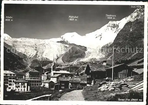 Saas Fee Ortsansicht mit Kirche Mischabelgruppe Gletscher Kat. Saas Fee