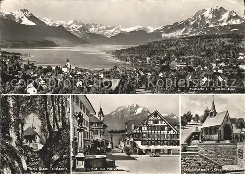 Kuessnacht Panorama mit See Alpen Tells Kapelle Hohle Gasse Kat. Kuessnacht