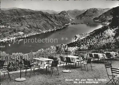 Serpiano TI mit Melide S Salvatore Mte Bre und Buendnerberge Kat. Lugano