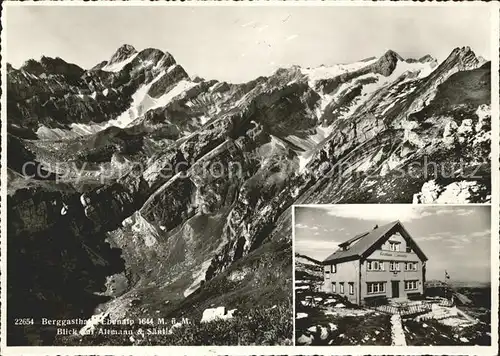 Ebenalp Berggasthaus Blick auf Altmann und Saentis Appenzeller Alpen Kat. Ebenalp