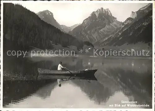 Bruelisau Bootsfahrt Saemtisersee mit Widderalpstoecke Bergsee Appenzeller Alpen Kat. Bruelisau