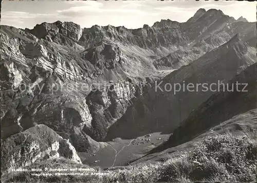Schwaegalp Panorama Blick vom Schaefler auf Seealp Meglisalp Faehlentuerme Altmann Appenzeller Alpen Kat. Schwaegalp