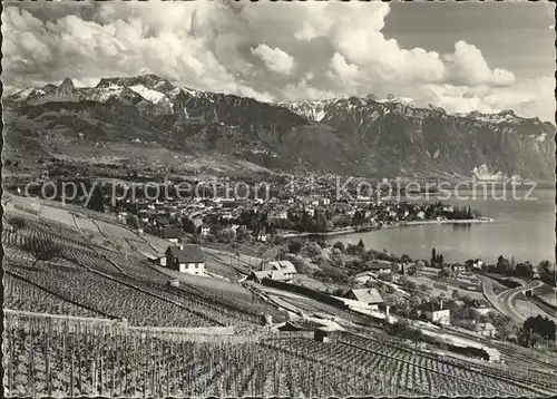 Vevey VD Vue panoramique et les Alpes vaudoises Lac Leman Kat. Vevey